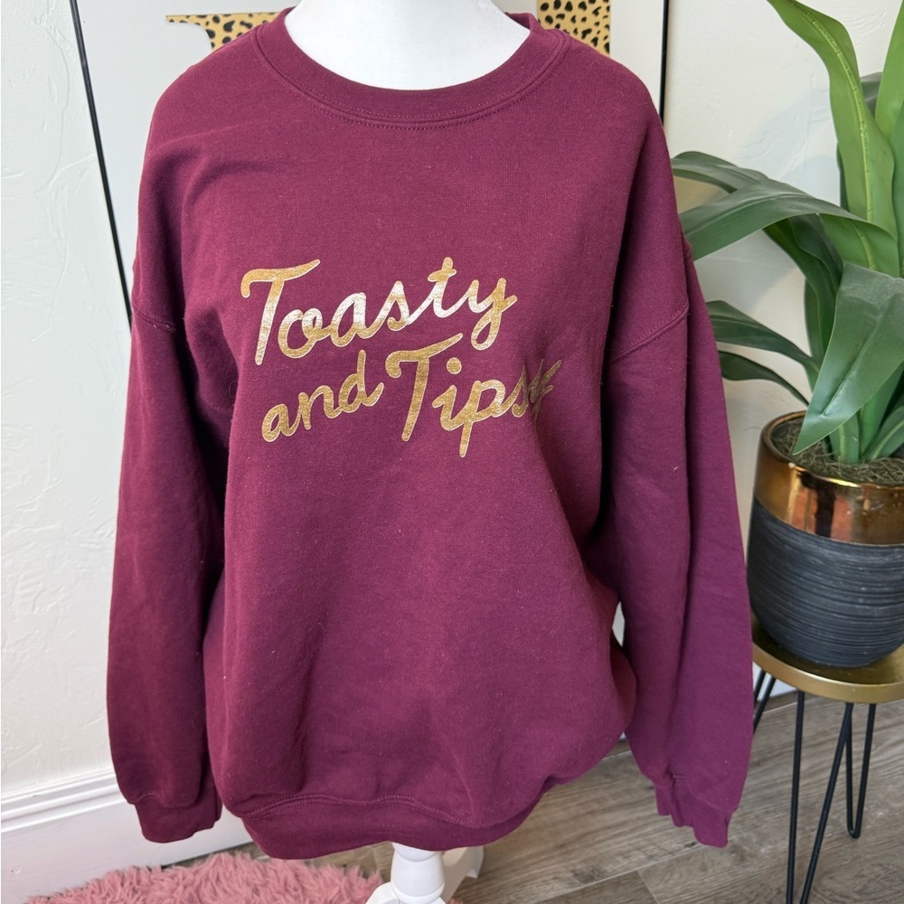 Toasty and Tipsy Burgundy Graphic Sweatshirt – Cozy Holiday Wine Lover Pullover